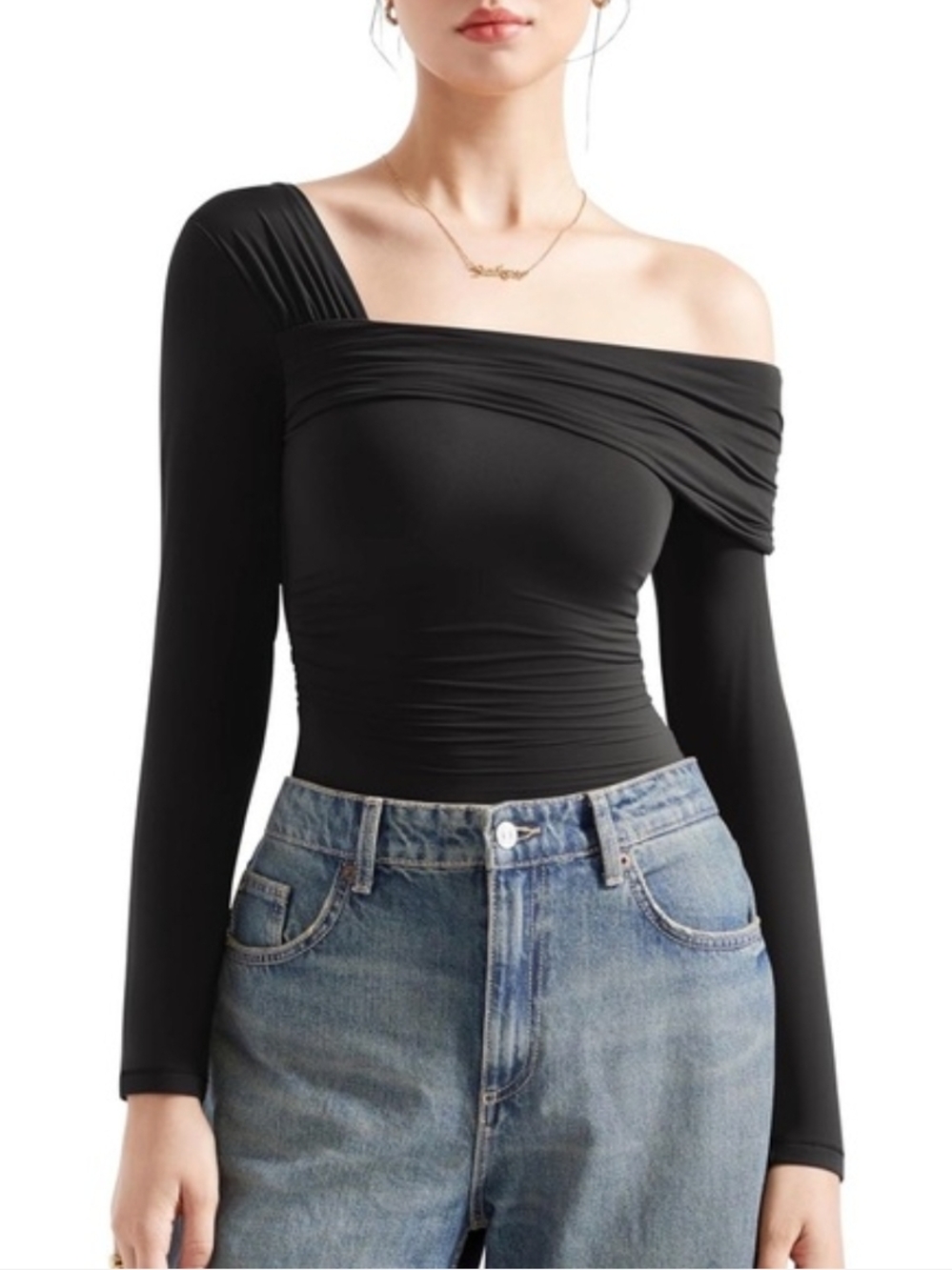 Black One-Shoulder Long Sleeve Top 🖤